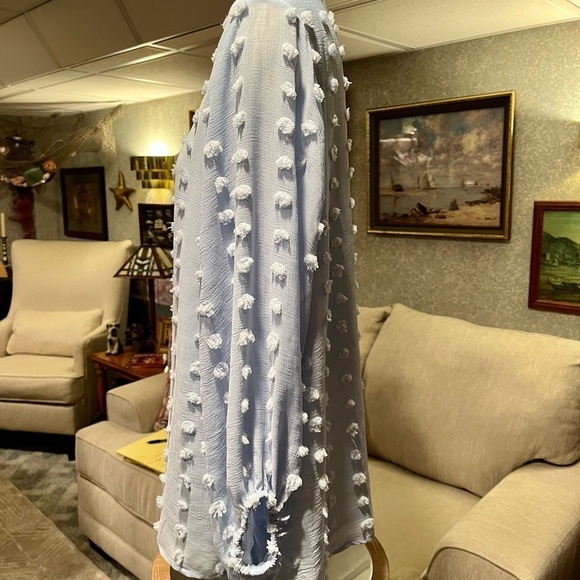 KORI AMERICA Women's S Light Blue Distressed Pom Pom Fringe LS Tunic‎ Blouse - Picture 4 of 12